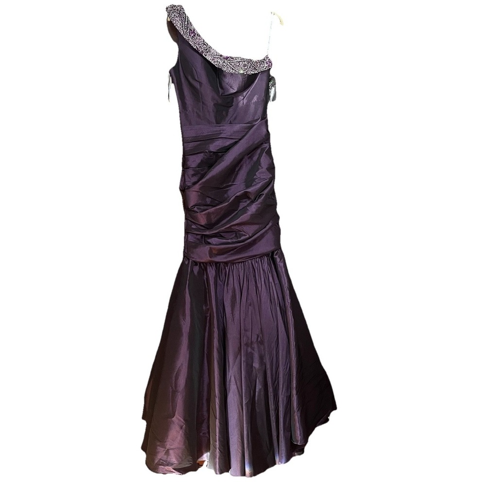 Jovani Mother Of The Bride Evening Gala Beaded One Arm‎ Aubergine Gown Size
